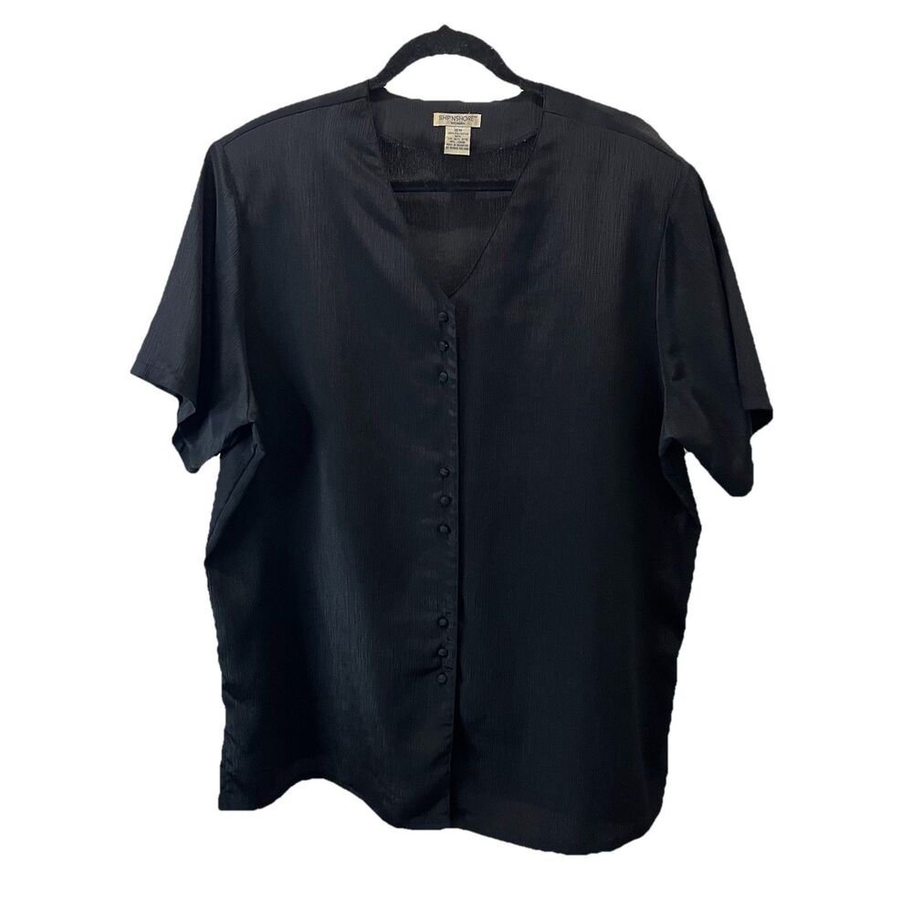 Ship N Shore Black Ribbed Crepe Textured Button Up Short Sleeve Tunic Top Sz 18W